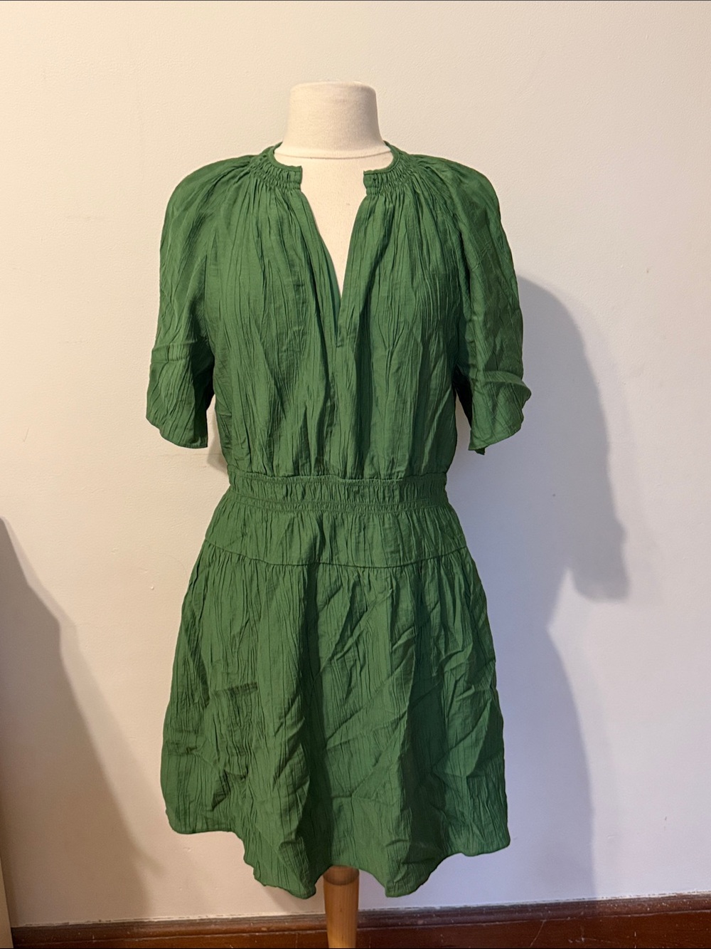 H&M Emerald Green Crinkled Smocked-Waist Mini Dress